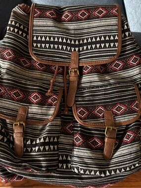 Mossimo’s Boho Azteca Canvas Backpack with Brown Trim - Black & Red